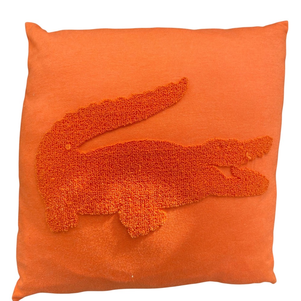 Lacoste Orange Square Throw Pillow Chenille Crocodile Logo Patch 15x15 Cotton